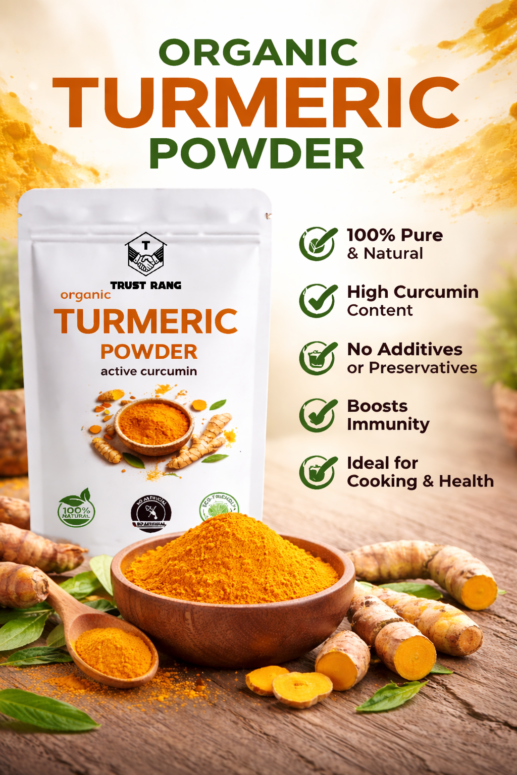TRUST RANG Golden Haldi Powder โ Fresh, Pure & Healthy Choice